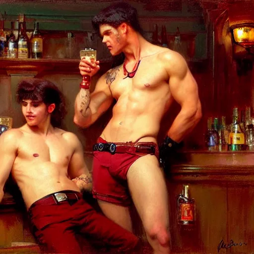 Image similar to attractive masculine mike, wearing pants, with dark red hair with attractive tyler with black hair, drinking their hearts out, in a pub, no shirt. very defined and highly detailed painting by gaston bussiere, j. c. leyendecker, craig mullins 8 k