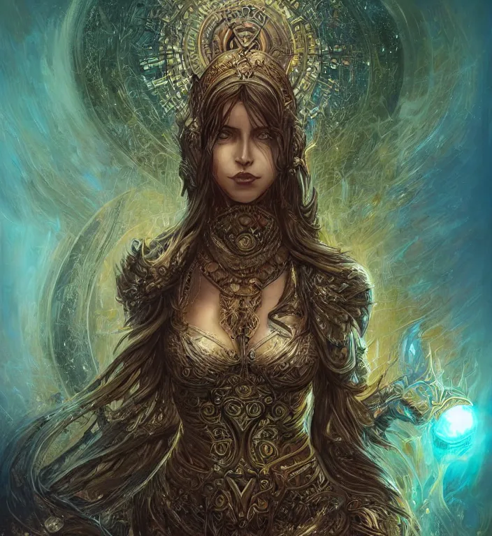 Prompt: unreal engine render of, centered Intricate portrait of a goddess, tarot card, dark souls colour scheme, luminal, smooth, coherent, high detailed, kerem beyit, Karol Bak, Chris Cold, james gurney, dan mumford, featured on artstation, instagram HD, unreal engine