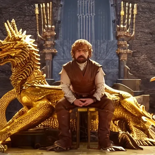Prompt: cinematic shot of Tyrion Lannister sitting on the Iron Throne with a golden dragon sitting beside him
