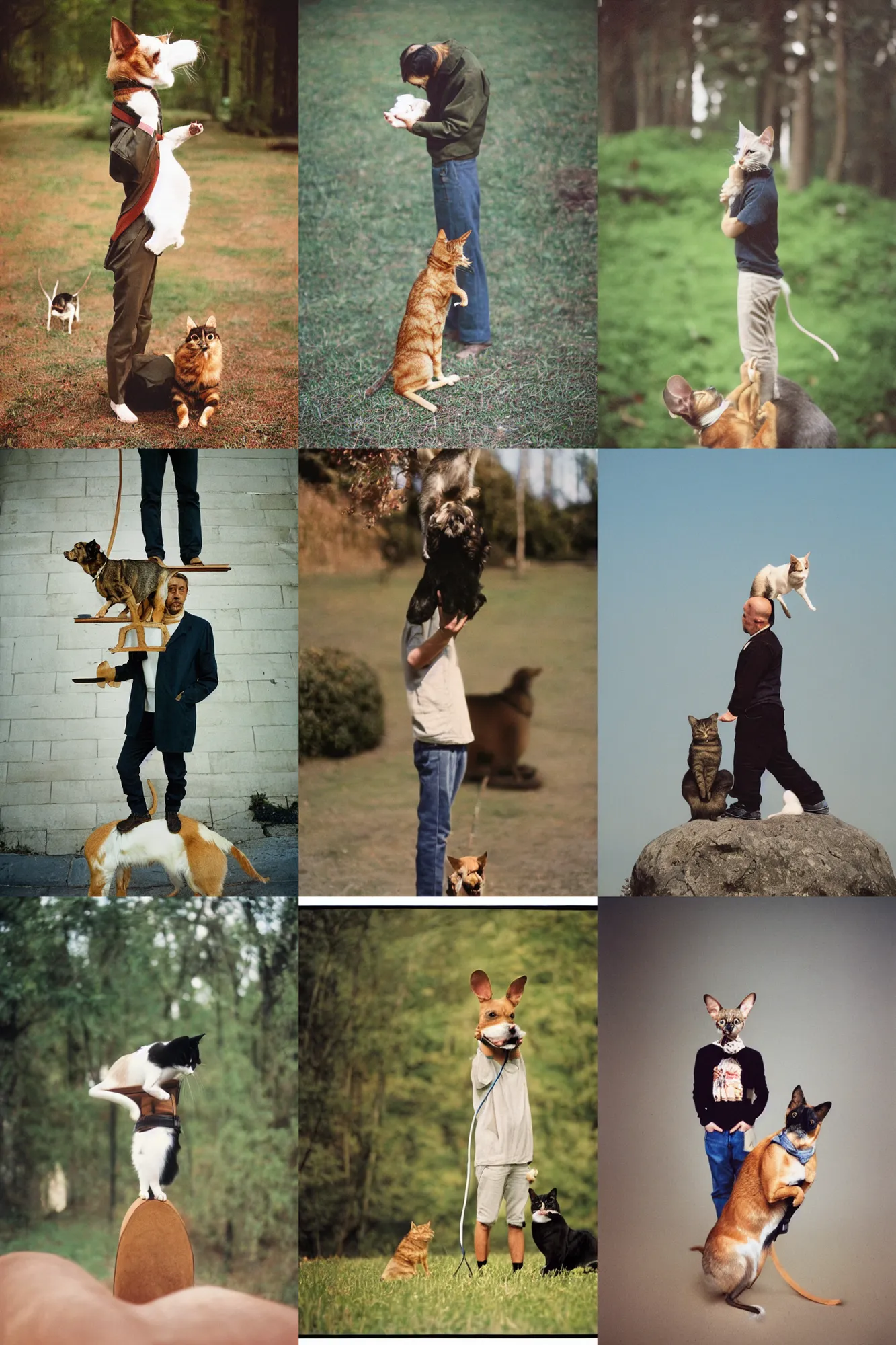 Prompt: portra 400, man standing on a dog, dog is standing on a cat, cat is standing on a mouse, mouse is standing on a fly