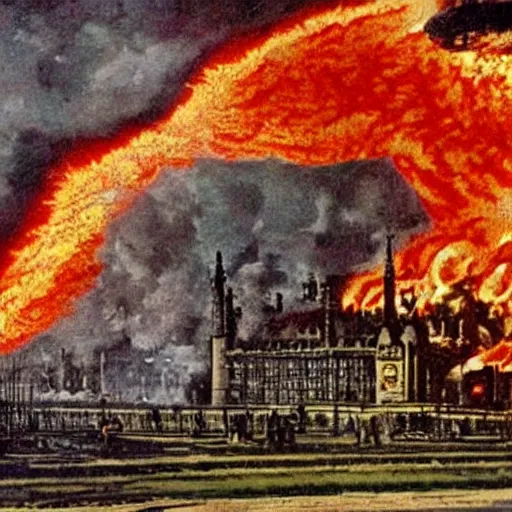 Image similar to the Hindenburg crashing in flames in colour on Victorian London