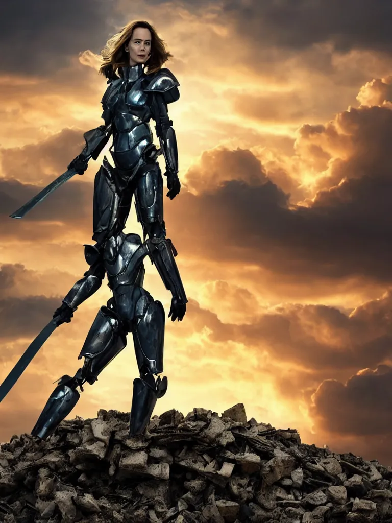 Prompt: a solitary figure standing atop a pile of rubble, emily blunt in futuristic power armor, close up portrait, holding a sword on her shoulder, sunset and huge cumulus clouds behind her