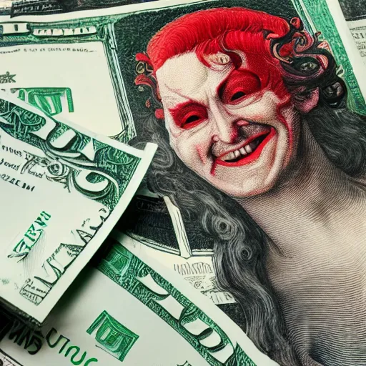 Prompt: Lucifer with bright red skin and curly horns and a big bright white smile offering a bag full of green dollar bills