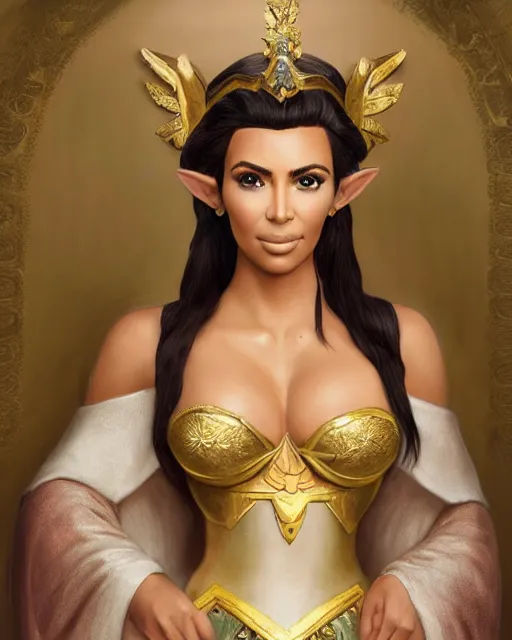 Image similar to A film still of kim kardashian as princess zelda in real life, highly detailed, digital painting, artstation, concept art, sharp focus, illustration, cinematic lighting, art by artgerm and greg rutkowski and alphonse mucha diffuse lighting, fantasy, intricate, elegant, highly detailed, lifelike, photorealistic, digital painting, artstation, illustration, concept art, smooth, sharp focus, art by John Collier and Albert Aublet and Krenz Cushart and Artem Demura and Alphonse Mucha