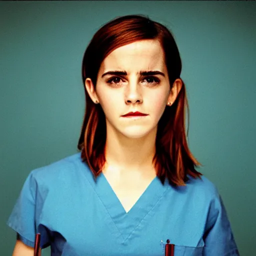 Prompt: emma watson, nurse scrubs, hospital, portrait, mouth open, full body, award winning, kodak ektachrome expired blue tint,