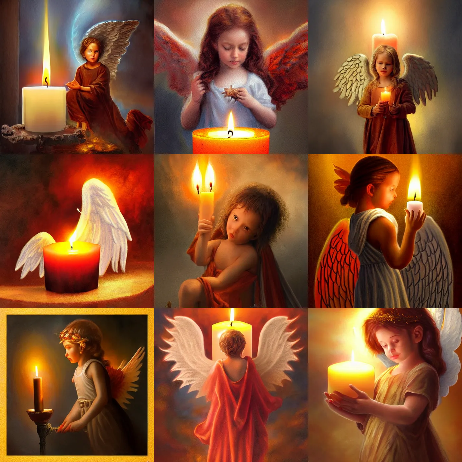 Prompt: a small angel of fire above a candle, realistic painting, high definition, digital art, matte painting, very detailed, realistic