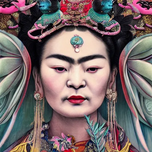 Image similar to ancient chinese goddess, luan bird, artstation, by frida kahlo, by yoshitaka amano, illustration, cinematic, closeup - view, cinecolor, insanely detailed and intricate, hypermaximalist, elegant, ornate, hyper realistic, super detailed, character design, symmetrical face