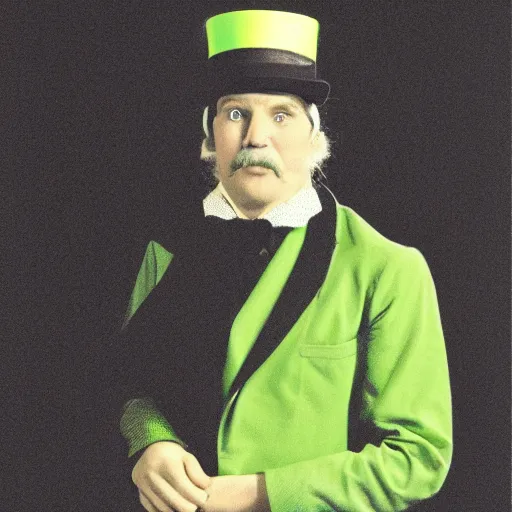 Image similar to man with neon green clothing, a scarf and a tophat sitting down in a black void,