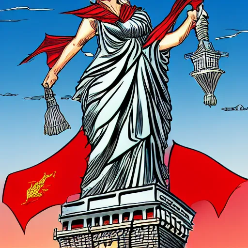 Image similar to Lady Liberty riding the red dragon of china. illustration concept art in the style of Arthur Adams