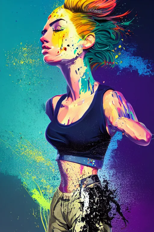 Image similar to a award winning half body portrait of a beautiful woman in a croptop and cargo pants with ombre navy blue teal hairstyle with head in motion and hair flying, paint splashes, splatter, outrun, vaporware, shaded flat illustration, digital art, trending on artstation, highly detailed, fine detail, intricate