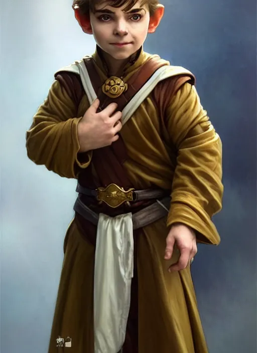 Prompt: symmetry!! oil painting dungeons & dragons portrait of a young halfling male cleric, white robe with gold accents, light brown hair pony tail, wry smirk, brown, gold and white cloak, necklace, elegant, highly detailed, artstation, concept art, smooth, sharp focus, illustration, art by artgerm and greg rutkowski and alphonse mucha