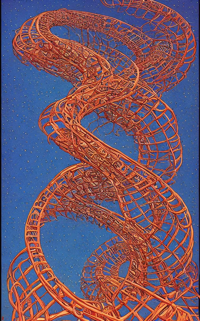 Image similar to double helix. retro art by jean giraud.