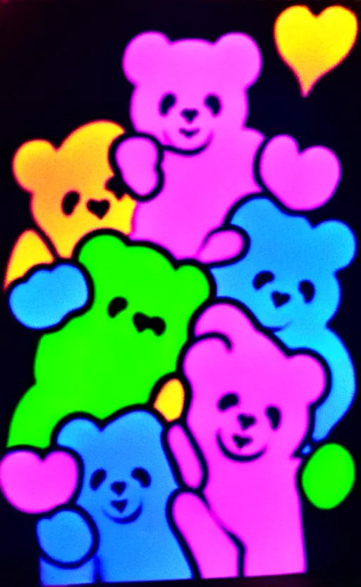 Prompt: care bears at woodstock concert blacklight style