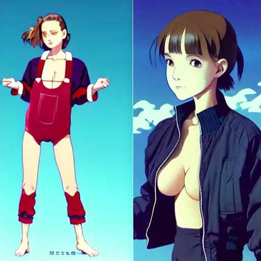 Image similar to a beautiful! boyish! natalie portman alluring gravure! model, wearing oversized mayan bomber jacket and leotard with overalls, bulky poofy bomber jacket with mayan patterns, gapmoe yandere grimdark, trending on pixiv fanbox, painted by greg rutkowski makoto shinkai takashi takeuchi studio ghibli, akihiko yoshida