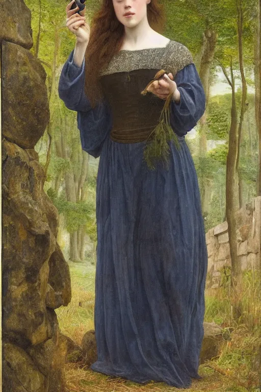 Prompt: a pre raphaelite painting of daisy ridley wearing headphones and sunglasses in a beautiful forest near an old stone wall, by dante gabriel rossett