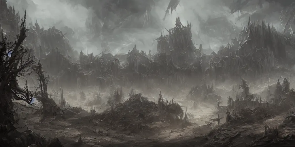Image similar to ruined ashen landscape, littered with corpses and fallen buildings, concept art, fantasy art, highly detailed hd, artstation, hd wallpaper