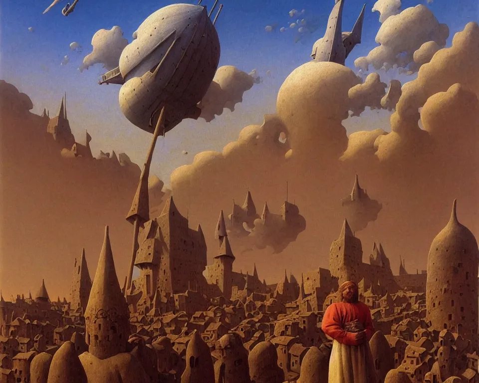 Prompt: Medieval village on the plains, a villager looking up. The sky is completely covered by an incredibly enormous colossal airship-like ship. Extremely high detail, realistic, medieval fantasy art, masterpiece, canvas, oil painting, art by Zdzisław Beksiński, Boris Vallejo