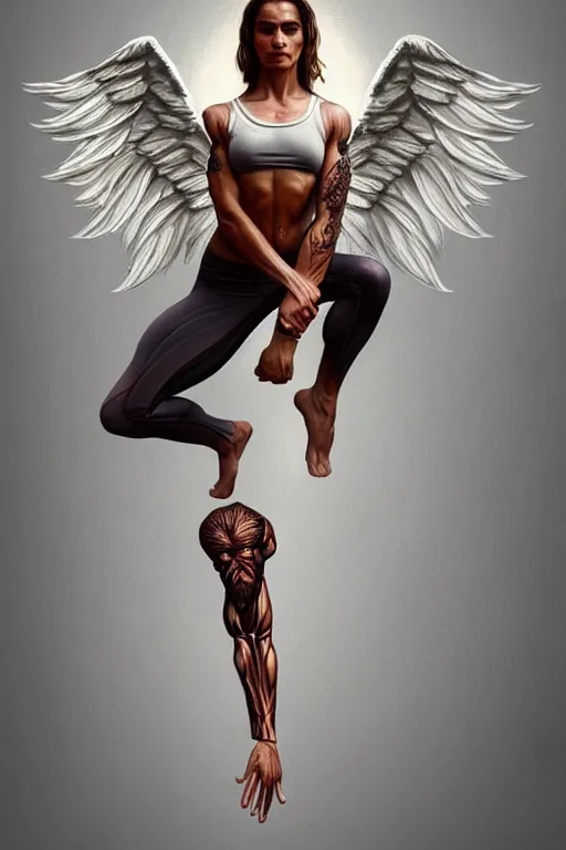 Image similar to Full body potrait of muscular angel doing yoga , angel is split in two with smoke, fantasy, intricate, elegant, highly detailed, digital painting, artstation, concept art, smooth, sharp focus, illustration, art by Ilja Repin