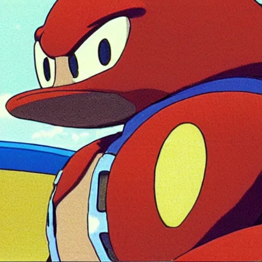 Image similar to beautiful illustration of dr robotnik looking up lovingly at sonic the hedgehog. animation frame from the studio ghibli film by miyazaki.