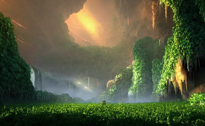 Image similar to a beautiful and stunning digital render of a humongous diamond cave, vines, haze, waterfall, volumetric lighting, photorealistic, red, green, blue sky, sunset, unreal engine 5, ultra detail, trending on artstation