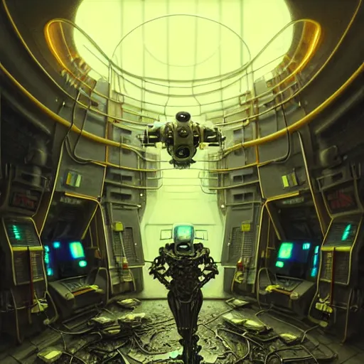 Image similar to low angle shot of a cyberpunk robot character inside a chernobyl room, intricate, elegant, highly detailed, centered, digital painting, artstation, concept art, smooth, sharp focus, illustration, artgerm, tomasz alen kopera, peter mohrbacher, donato giancola, joseph christian leyendecker, wlop, boris vallejo