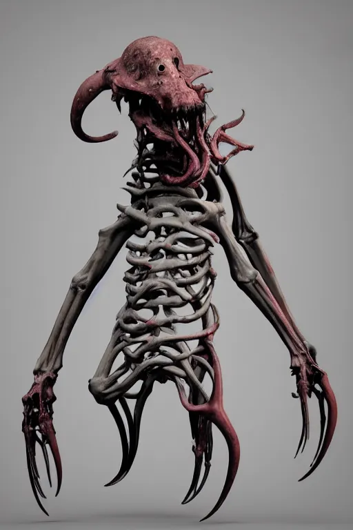 Image similar to a squid monster eating a person, john carpenter, eighties practical horror special effects, cosmic horror, protruding bones, trending on zbrush central, neoplasticism, lovecraftian, zbrush, biomorphic, nightcafe