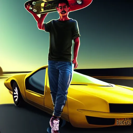 Prompt: a man holding a skateboard standing in front of a car, concept art, featured on cgsociety, retrofuturism, outrun