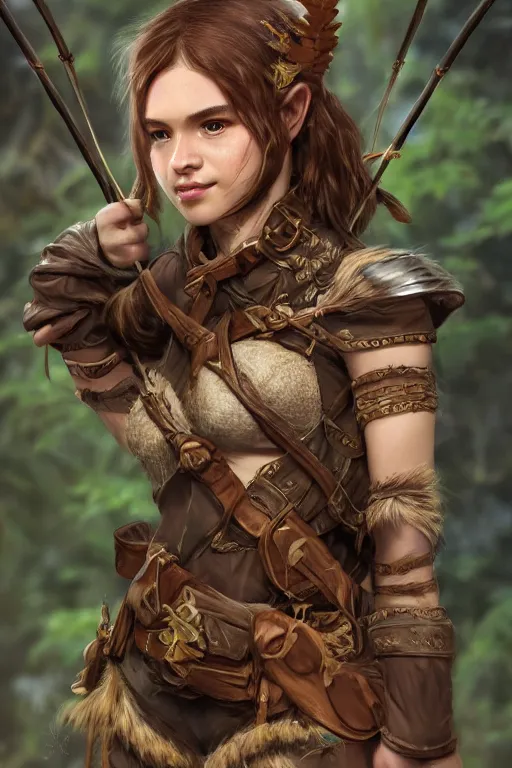 Prompt: Gorgeous Jungle Ranger, cute face, brown armor, thick bow, ornamental arrows, high fantasy, elf ears, brown hair, black pants, trending on artstation, artstationHD, artstationHQ, octane, realistic, enticing, intrinsic, by leng jun, by frank franzzeta