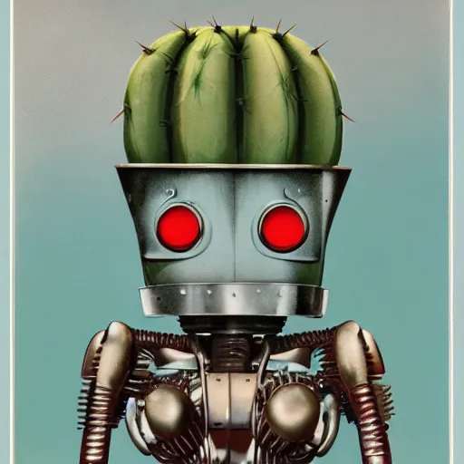 Image similar to body shot of 1950s retro cactus robot, with space above the head. Bionic Arms and eyes. pop surrealism, muted colours. by Jean-Baptiste Monge, wide shot