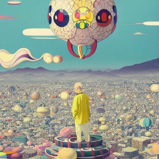 Image similar to a man walking on clouds away from the camera above kyoto by takashi murakami, beeple and james jean, aya takano color style, 4 k, super detailed, modern, 4 k, symmetrical