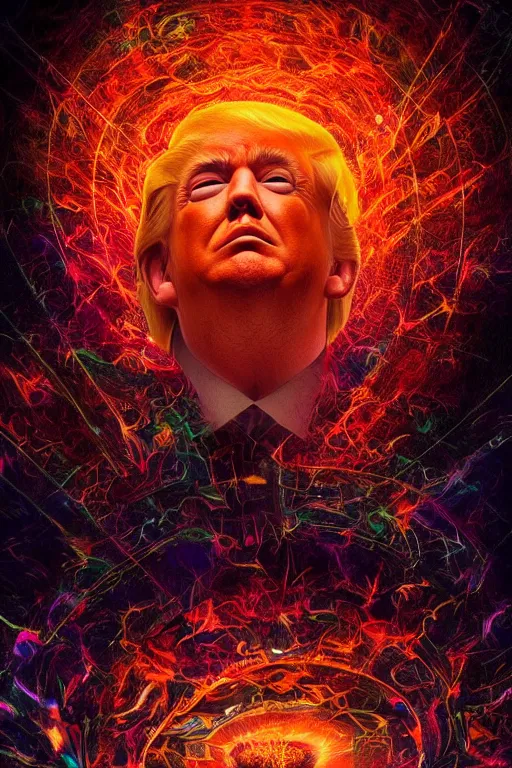 Prompt: portrait of trump drinking ayahuasca in a wormhole, psychedelic, by pablo amaringo, dramatic lighting, concept art, artstation