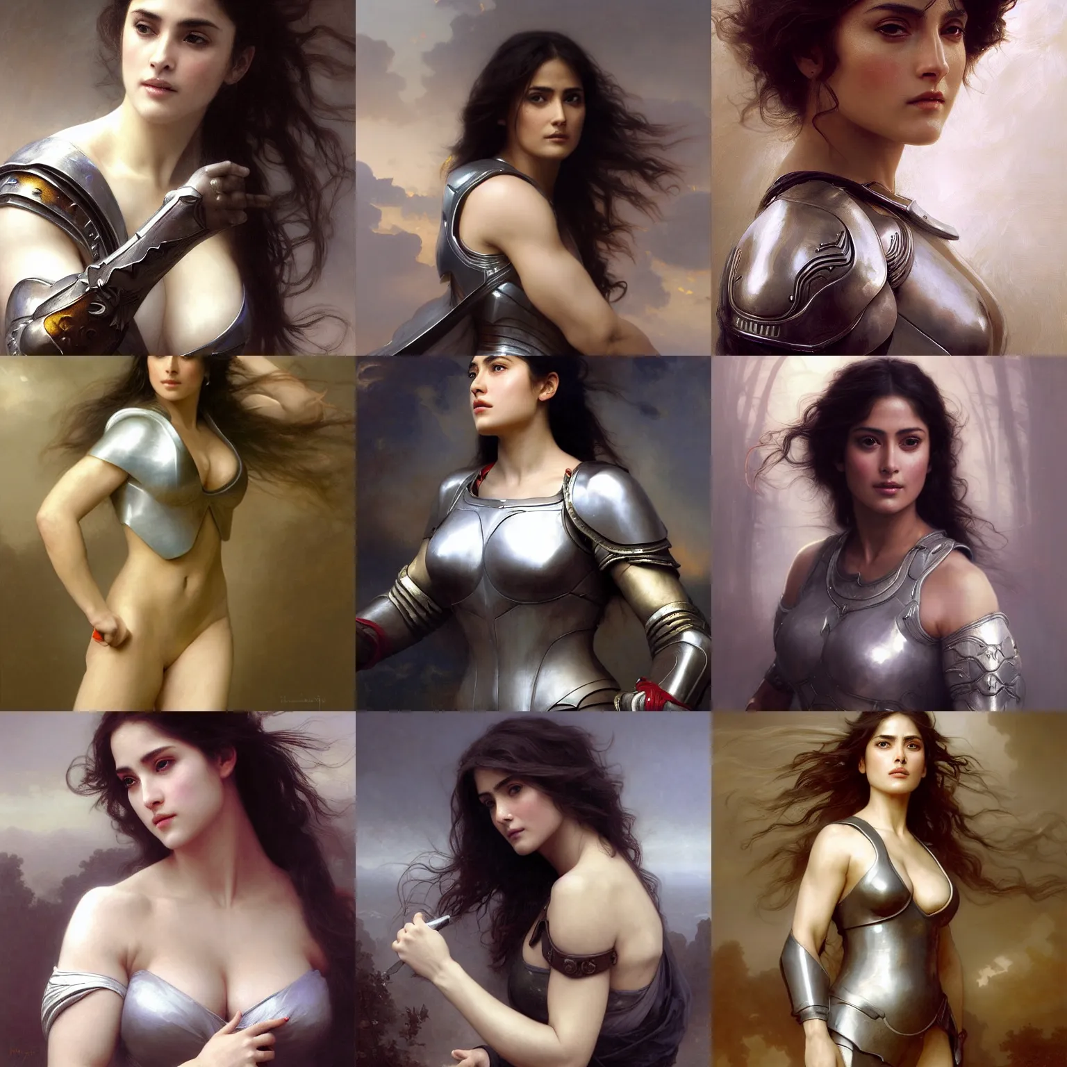 Prompt: A Ruan Jia and Mandy Jurgens and Artgerm and William-Adolphe Bouguereau oil painting of a beautiful muscular Salma Hayek wearing silver armor , dynamic shot , HD 4k , intricate , highly detailed , atmospheric , sharp, uncropped