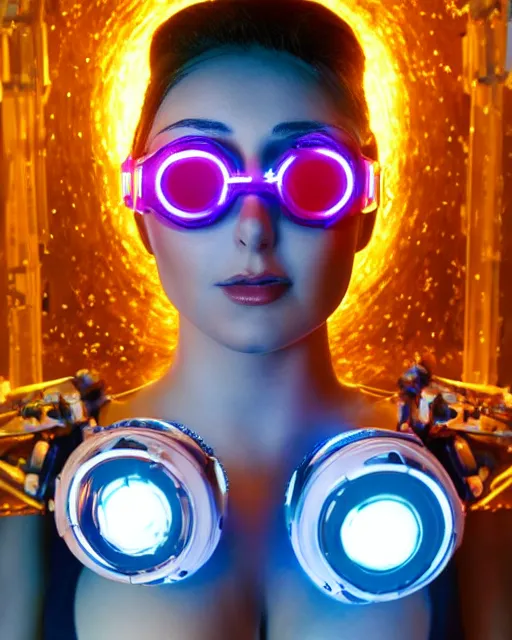 Image similar to centered portrait of flirtatious young sabrina salerno as a solarpunk mecha humanoid robotic parts wearing crystal goggles with bright led lights, real human face, pudica pose bouguereau style, in white room, ultra - realistic and intricate, soft portrait shot 8 k