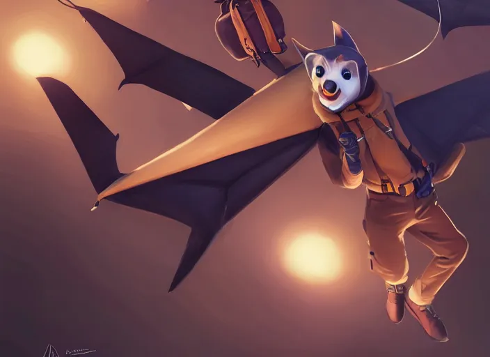 Image similar to character portrait feature of the anthro male anthropomorphic flying fox fruit bat fursona wearing airline pilot outfit uniform professional pilot for delta airlines character design stylized by charlie bowater, ross tran, artgerm, and makoto shinkai, detailed, soft lighting, rendered in octane