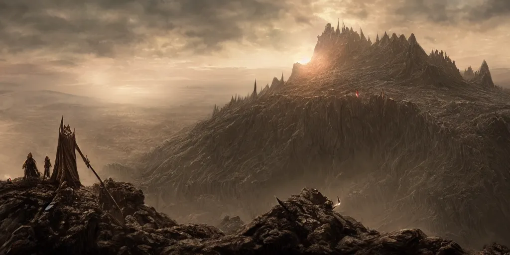 Prompt: Sauron standing on the edge of a cliff overlooking his troops at Mordor Gorgoroth Plains in the evening, detailed matte painting, cinematic, Alan Lee, Artstation