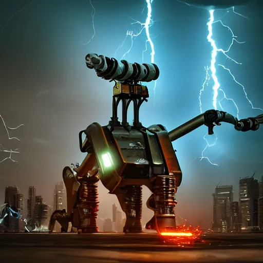 Image similar to big mech summoning lightning with its electricity coil arm, 3 d render, unity, steampunk, cyberpunk, plain background, extremely detailed, intense, epic, cinematic lighting, copper, pipes, metal, rusty, glowing electric, reflective, hdr,