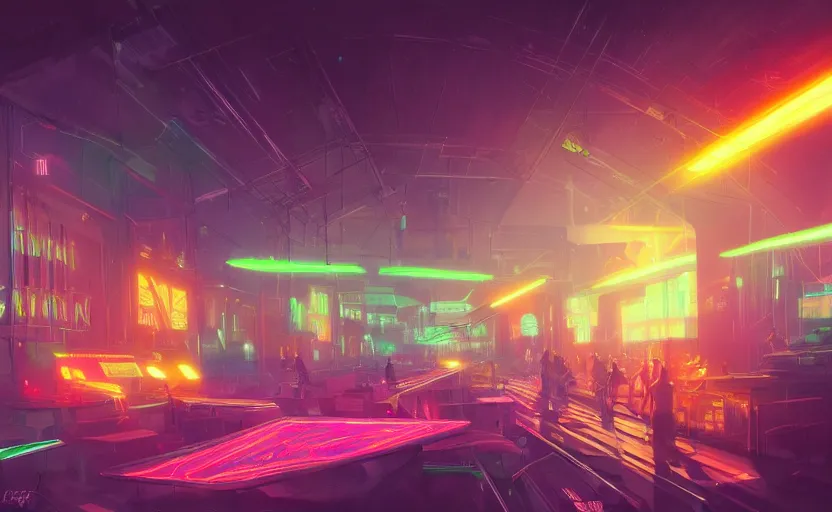 Prompt: playing area, indoot, neon lights, cyberpunk, highly detailed, digital painting, architecture, artstation, concept art, sharp focus, illustration