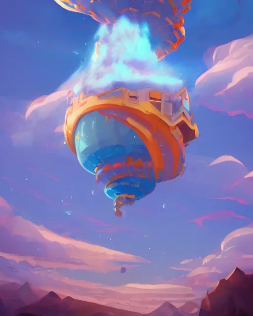 Image similar to flying cloud castle, bubble buildings, illustration, bright, blue sky, mountains, colorful, cinematic lighting, fantasy, high detail, masterpiece, artstation, 4 k, art by wylie beckert