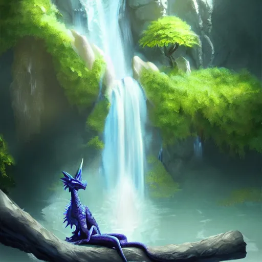 Image similar to beautiful photoshop commission of a slender dragon relaxing by a waterfall, digital painting, artstation, art by Jaime Jones