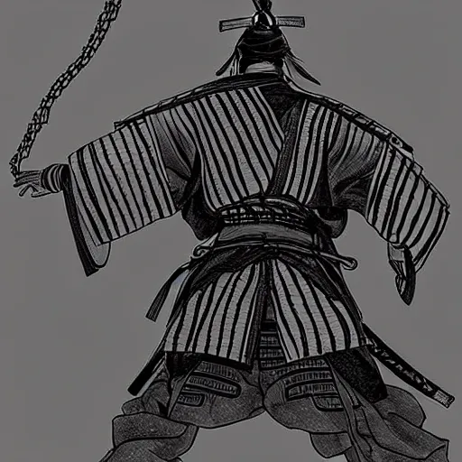 Image similar to A PORTRAIT FROM BEHIND OF A SAMURAI ,THE THE MAN IS WRAPPED IN CHAINS ,detailed, concept art, ink style , sketch