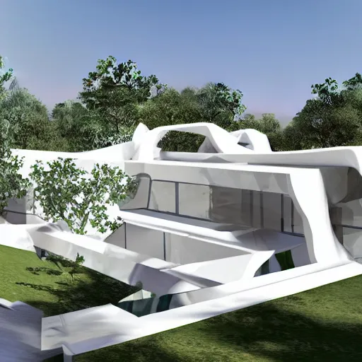 Image similar to evolving fractal, flowing white architectural Villa, futuristic 3D, voronoi pattern of a timber-frame pool pavilion with magnolias on the roof has its own guest entry and distinct areas for cooking, dining, and relaxing, the dining rotunda has a built-in pizza oven and a custom-designed table to accommodate eight to 16 people, the center section of the structure features the kitchen and bar, the lounge rotunda provides a covered seating area located adjacent to the fireplace, the pavilion’s ceiling has a floral motif that mimics a magnolia tree near the pool slide, sun rays through the pavilion structure, lush botanical trees, prairie landscaping, sunrise, golden hour, illuminated pool, fluffy clouds