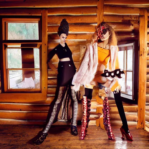 Image similar to medium format photograph of a surreal fashion shoot in a log cabin, camera flash