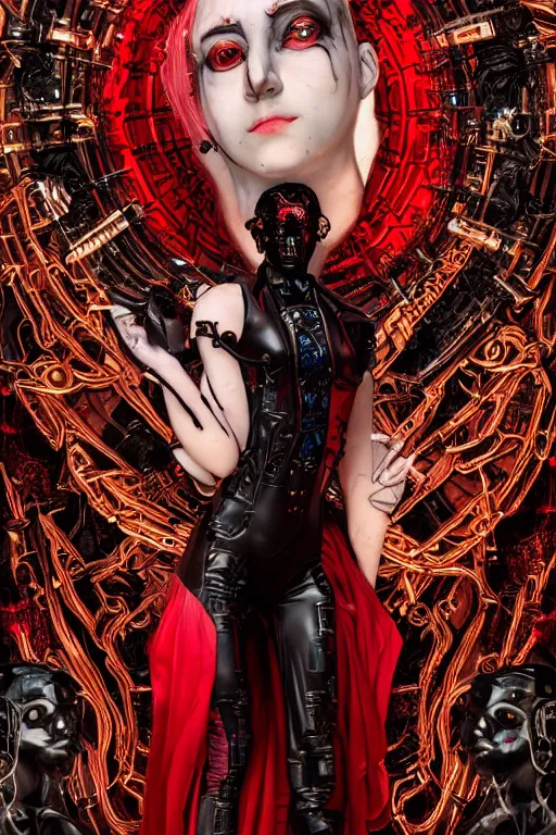 Prompt: full-body cyberpunk style sculpture of a young beautiful dark priestess, half android with a head opening exposing circuitry, glowing red eyes, black roses, flowing blood-red colored silk, fabric, candles. baroque elements, human skull, full-length view. baroque element. intricate artwork by Caravaggio. crows flying in background. Trending on artstation, octane render, cinematic lighting from the right, hyper realism, octane render, 8k, depth of field, 3D