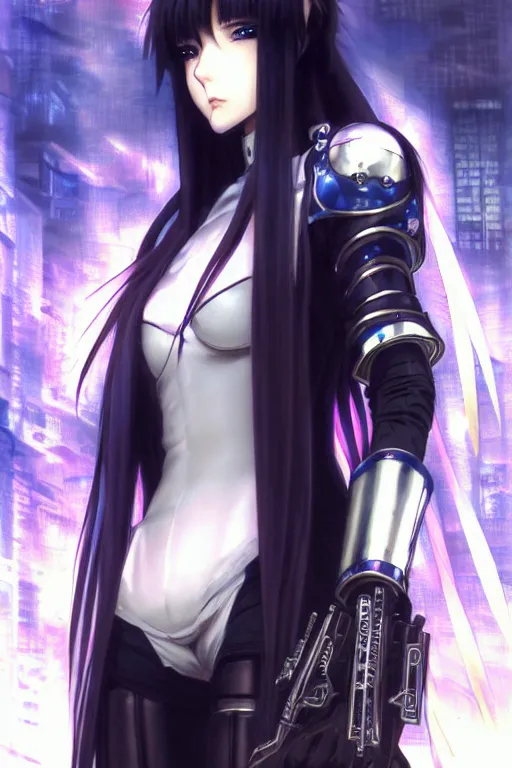 Image similar to portrait Anime girl in cyberpunk trinity blood armor, cute-fine-face, black-hair pretty face, realistic shaded Perfect face, fine details. Anime. realistic shaded lighting by Ilya Kuvshinov katsuhiro otomo ghost-in-the-shell, magali villeneuve, artgerm, rutkowski, WLOP Jeremy Lipkin and Giuseppe Dangelico Pino and Michael Garmash and Rob Rey and Yoshitaka Amano and Thores Shibamoto