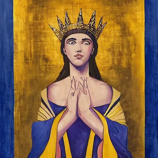 Image similar to the young sovereign of mars in the prime of her reign and the height of her power, looking to the side with fierce but kind eyes, dressed in white and gold robes and a golden laurel crown, inspired by roman emperors, abstract oil painting