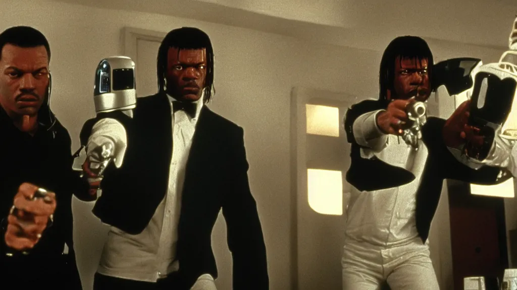 Prompt: movie still of pulp fiction but with robots, movie still, cinematic composition, cinematic light, by edgar wright and david lynch