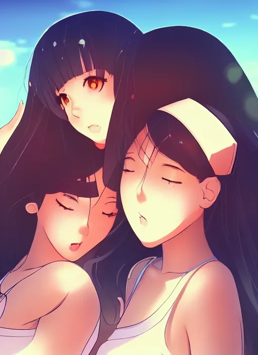 Image similar to two beautiful mothers sitting on a hot summer evening, gorgeous faces, thick lines, cinematic lighting, detailed anime art