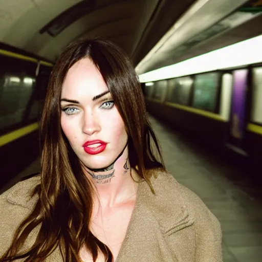 Image similar to fujifilm superia photo portrait of megan fox in the london subway, gloomy, grainy