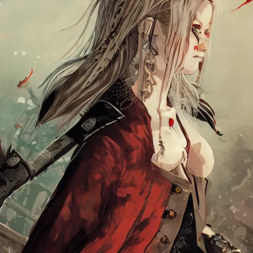 Prompt: highly detailed portrait of a punk young vampire hunter lady with wavy blonde hair, by Dustin Nguyen, Akihiko Yoshida, Greg Tocchini, Greg Rutkowski, Cliff Chiang, 4k resolution, nier:automata inspired, castlevania inspired, vibrant but dreary red, brown, white and black color scheme!!! ((Medieval graffiti Church background))