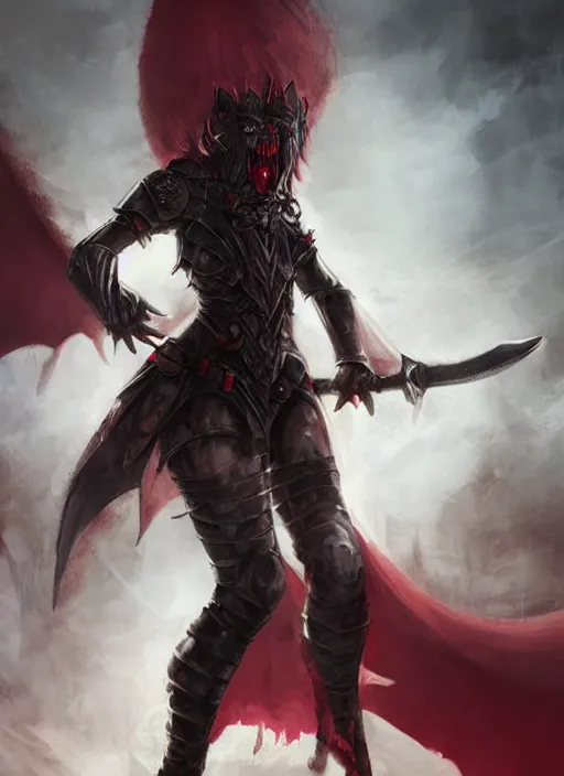 Image similar to dnd art, female vampire warrior, no shoes, barefoot, exposed toes, black nail polish, black full plate armor, historical armor, realistic armor, muscular, full body portrait, monstrous mask, giant two - handed sword dripping blood, red wings, grinning, realistic, pathfinder, flying.